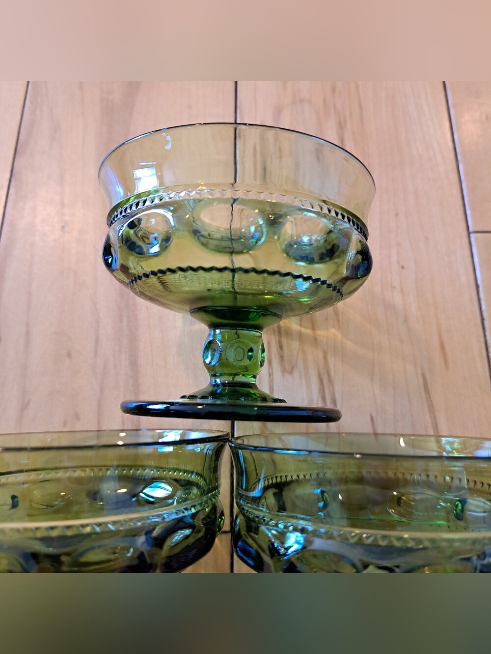 Set of 3 INDIANA GLASS KINGS Crown Olive Green Thumbprint Sherbet Dessert Dish - Picture 6 of 8
